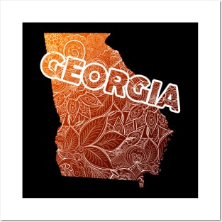 Colorful mandala art map of Georgia with text in brown and orange Posters and Art